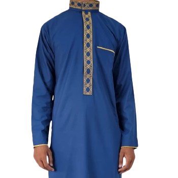 Mens Blue Embroidery Jubbah Thobe Dishdasha Kandura