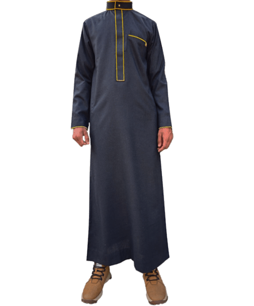 Mens Navy Blue Thobe Luxury Embroidered Jubbah Dishdasha Kandura