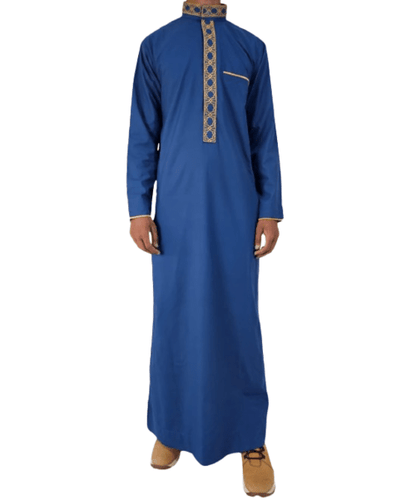 Mens Blue Embroidery Jubbah Thobe Dishdasha Kandura