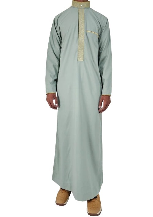 Mens Light Green Jubbah Embroidery Luxury Thobe Dishdasha Kandura