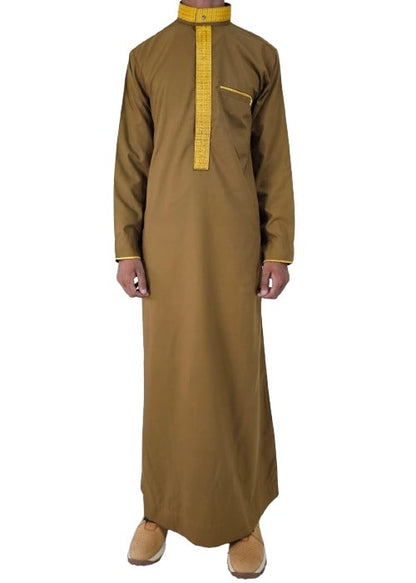 Mens Camel Brown Luxury Embroidery Thobe Jubbah Dishdasha Kandura