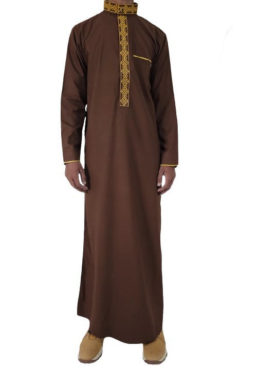 Mens Dark Brown Thobe Luxury Embroidery Jubbah Dishdasha Kandura