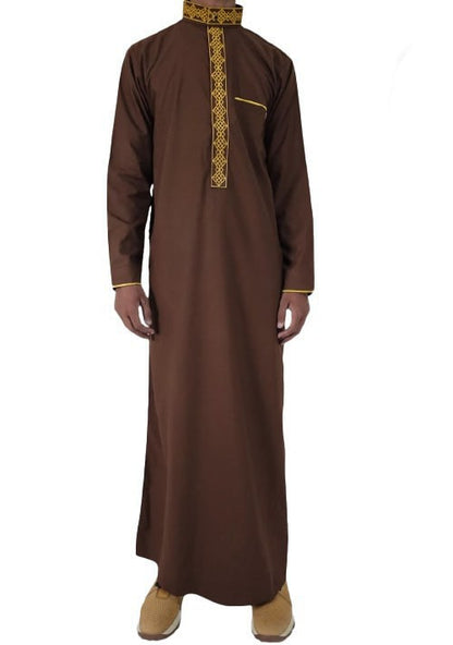 Mens Dark Brown Thobe Luxury Embroidery Jubbah Dishdasha Kandura