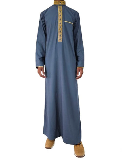 Mens Silver Blue Thobe  Luxury Embroidery Jubbah Dishdasha Kandura