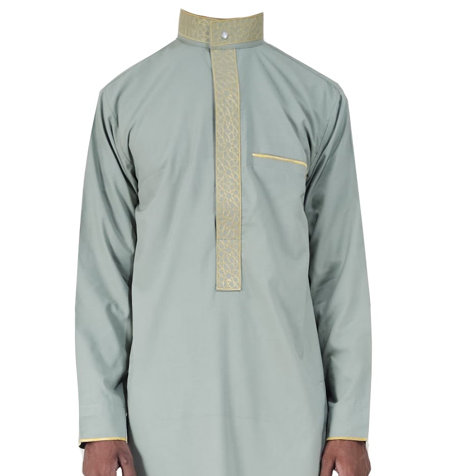 Mens Light Green Jubbah Embroidery Luxury Thobe Dishdasha Kandura