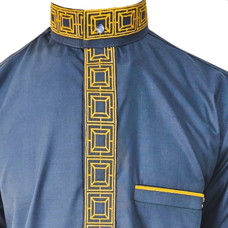 Mens Silver Blue Thobe  Luxury Embroidery Jubbah Dishdasha Kandura