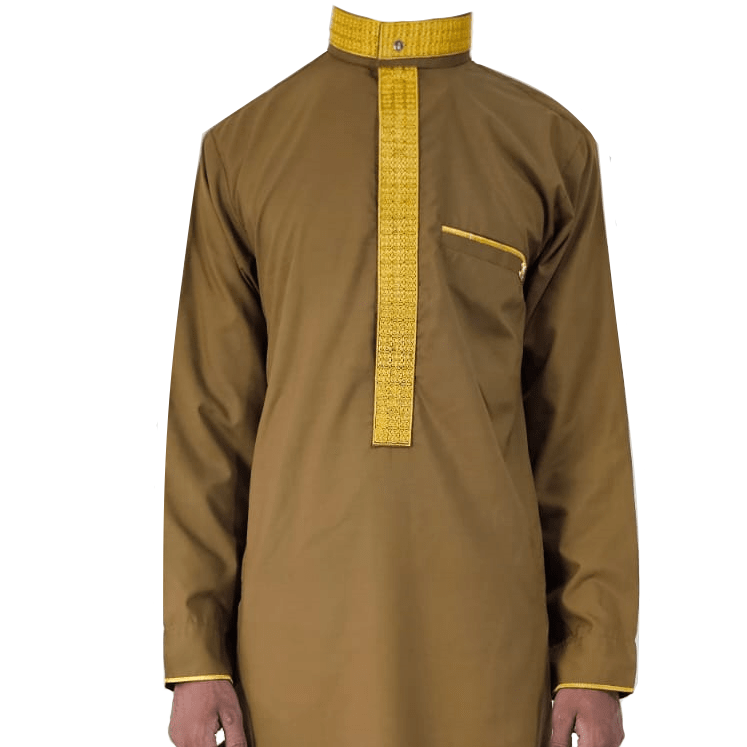 Mens Camel Brown Luxury Embroidery Thobe Jubbah Dishdasha Kandura