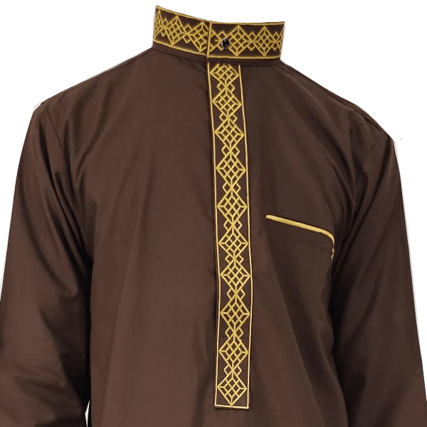 Mens Dark Brown Thobe Luxury Embroidery Jubbah Dishdasha Kandura