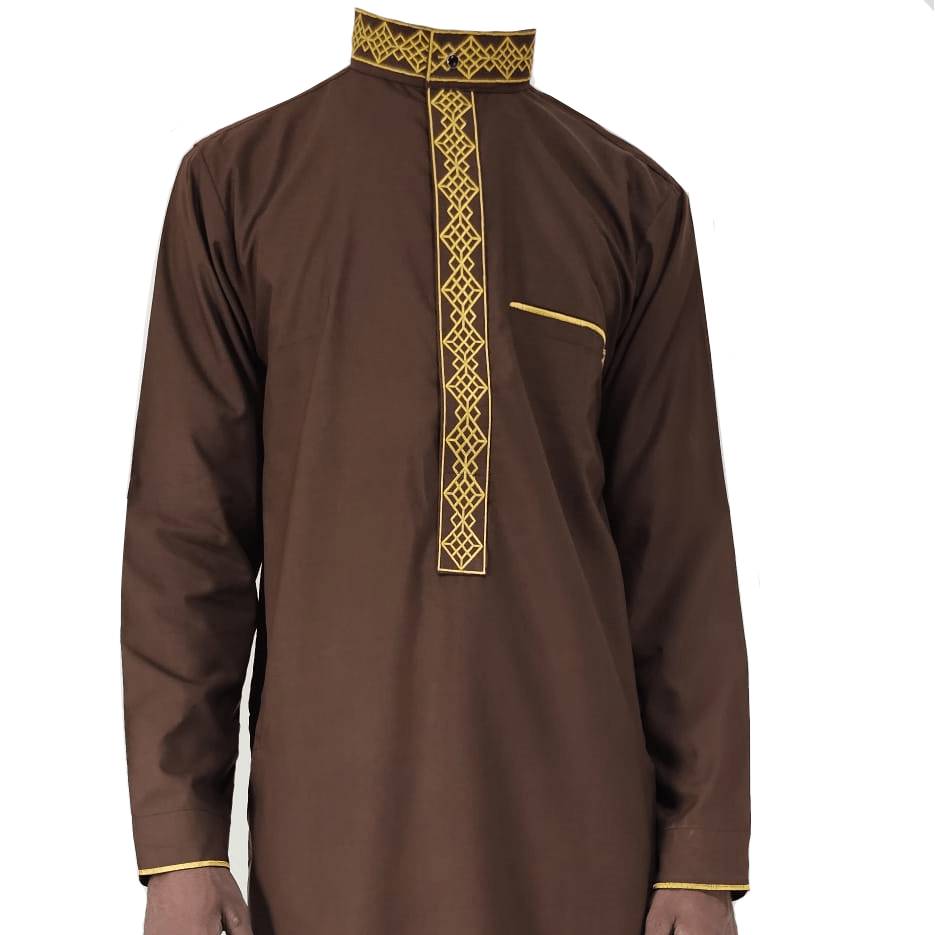 Mens Dark Brown Thobe Luxury Embroidery Jubbah Dishdasha Kandura