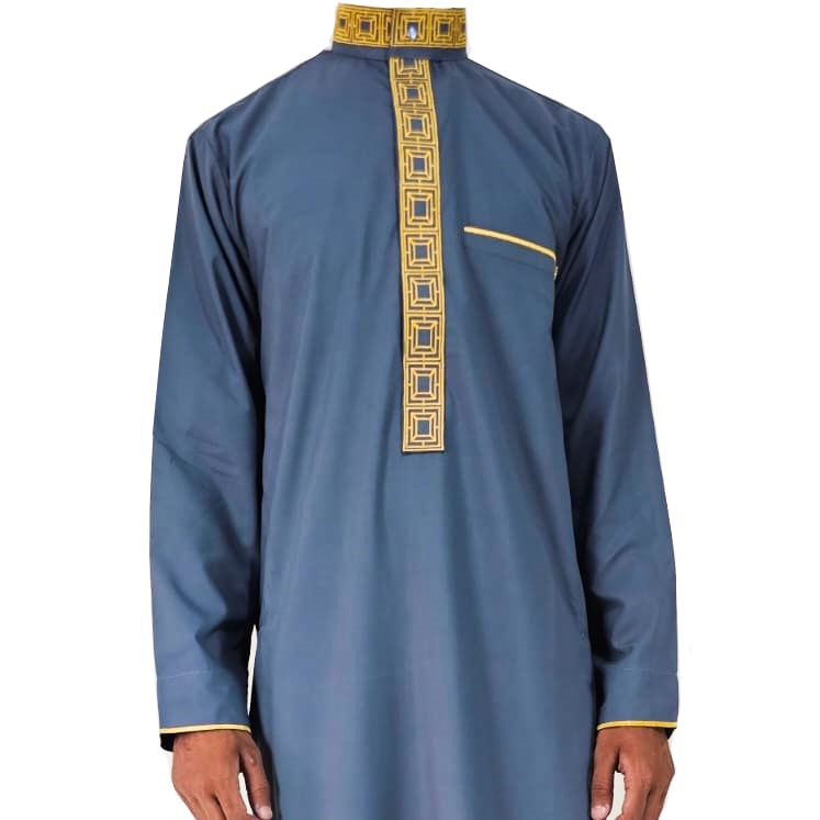 Mens Silver Blue Thobe  Luxury Embroidery Jubbah Dishdasha Kandura