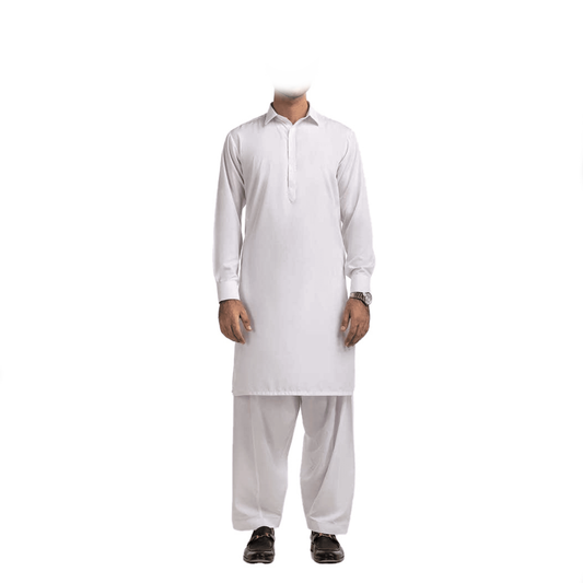 Lamsa White Collar Shalwar Kurta Kameez Cotton Blend